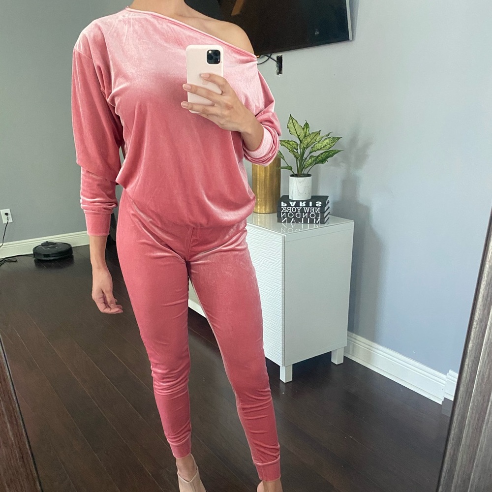 Pink velour two piece suit